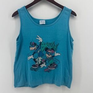 Vintage 90s Disney Mickey Goofy Skateboarding Breezin Tank Top Teal Blue Large